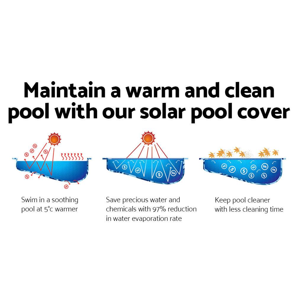 Aquabuddy 8M x 4.2M Solar Swimming Pool Cover made of durable 400 Micron polyethylene, designed to retain heat and reduce evaporation.